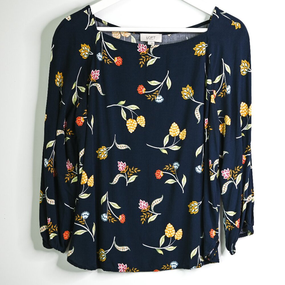 LOFT OUTLET Navy Floral Wide Neck Long Sleeve Blouse - Size Small - Picture 2 of 7